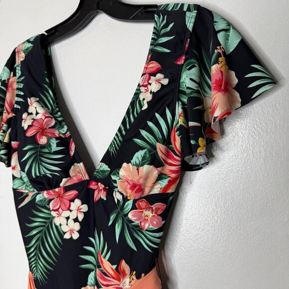 Cupshe Swimsuit M Floral Ruffle Wrap One Piece Tummy Control Tropical NEW - Picture 2 of 5